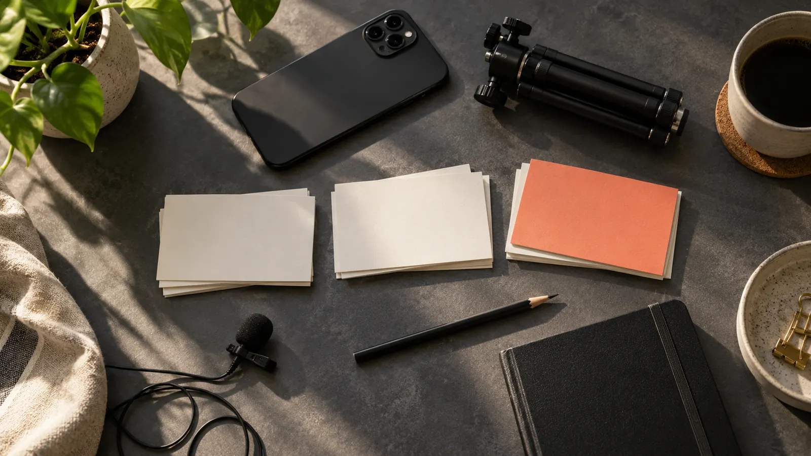 Blank planning cards, a microphone and a phone arranged on a dark desk