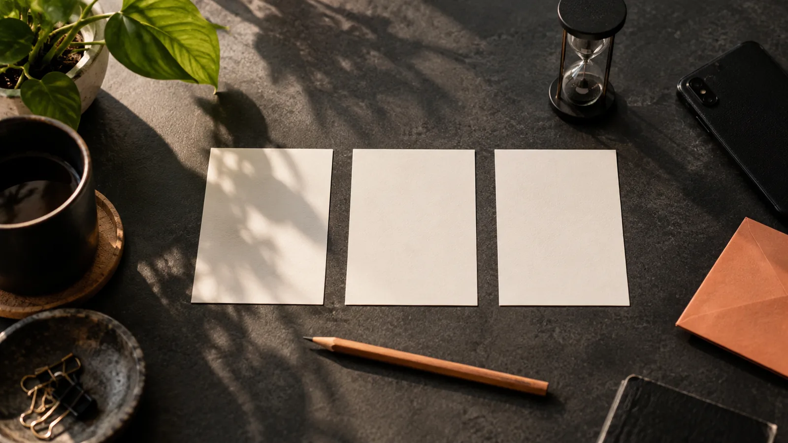 Three blank script cards beside a phone and an unmarked sand timer